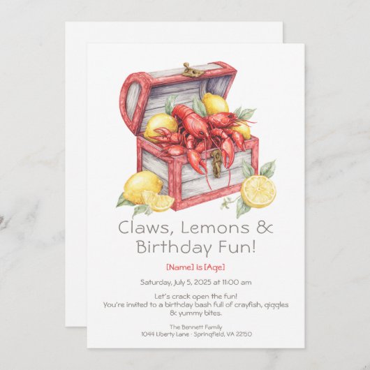 Crayfish & Lemon Treasure Chest Birthday  招待状 (正面/裏面)