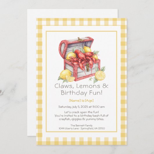 Crayfish & Lemon Treasure Chest Birthday 招待状 (正面/裏面)