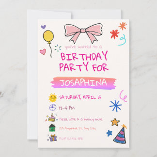 Crayon Birthday Party, Hand-Drawn Kids Invitation 招待状