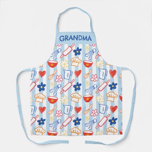 Crayon Kitchen Doodle Retro Cooking Pattern エプロン (正面)