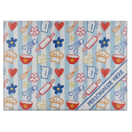 Crayon Kitchen Doodle Retro Cooking Pattern カッティングボード