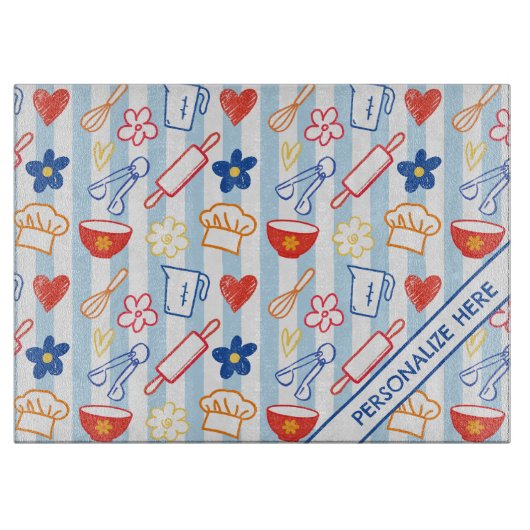 Crayon Kitchen Doodle Retro Cooking Pattern カッティングボード (正面)