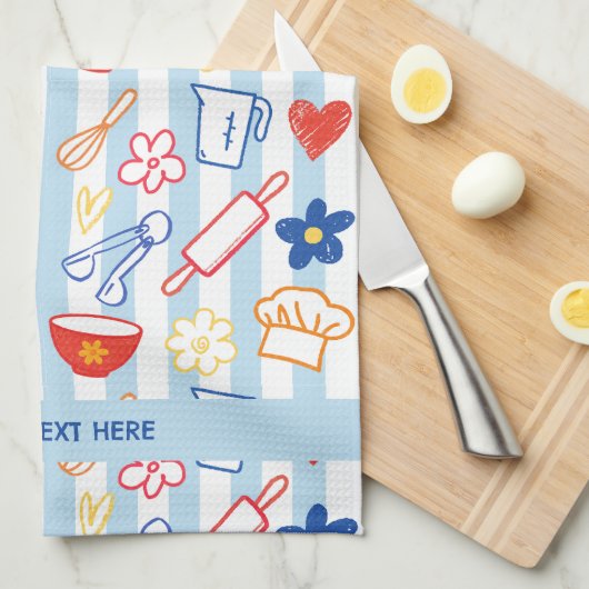 Crayon Kitchen Doodle Retro Cooking Pattern キッチンタオル (四つ折り)