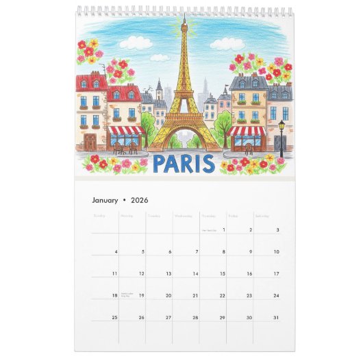 Crayon Style Travel Calendar Cover | Editable Year カレンダー (1月 2026)