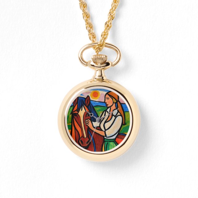Crayon-Style Woman & Horse Pendant watch  腕時計 (正面)