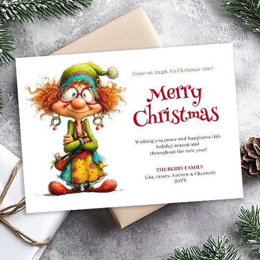 Crazy Cartoon Woman Editable Xmas Greeting Card シーズンカード