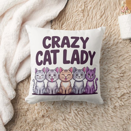 Crazy Cat Lady Funny Cute Purple Cat Cartoon Throw クッション (ブランケット)