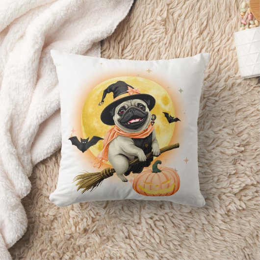 Crazy Happy Halloween Pug Riding a Flying Broom . クッション (ブランケット)