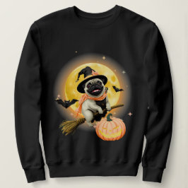  Crazy Happy Halloween Pug Riding a Flying Broom . スウェットシャツ