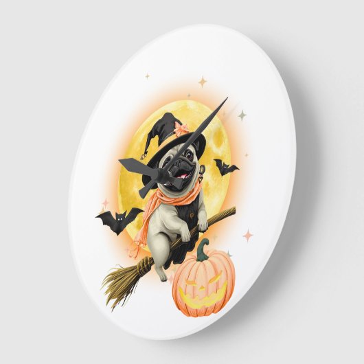 Crazy Happy Halloween Pug Riding a Flying Broom | ラージ壁時計 (傾斜)