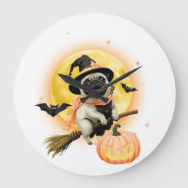 Crazy Happy Halloween Pug Riding a Flying Broom |  ラージ壁時計