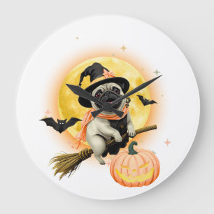Crazy Happy Halloween Pug Riding a Flying Broom ラージ壁時計