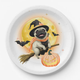 Crazy Happy Halloween Pug Riding a Flying Broom Ca ペーパープレート