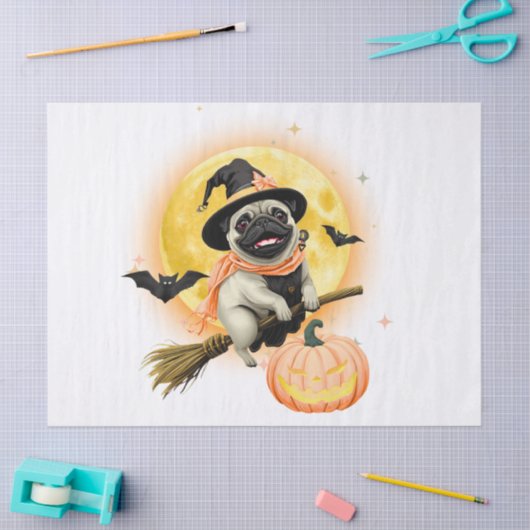 Crazy Happy Halloween Pug Riding a Flying Broom Ca 薄葉紙 (クラフト)
