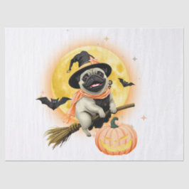 Crazy Happy Halloween Pug Riding a Flying Broom Ca 薄葉紙