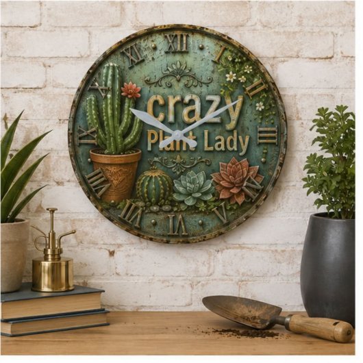 Crazy Plant Lady Cactus Succulent ラージ壁時計