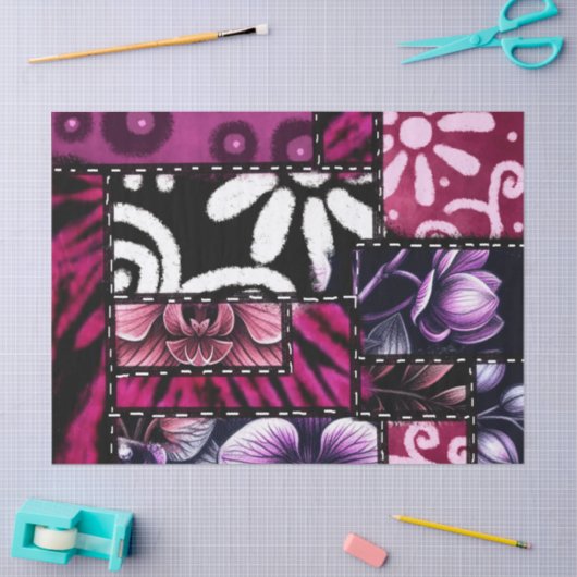 Crazy Quilt Black Cherry Floral Pattern Decoupage 薄葉紙 (クラフト)