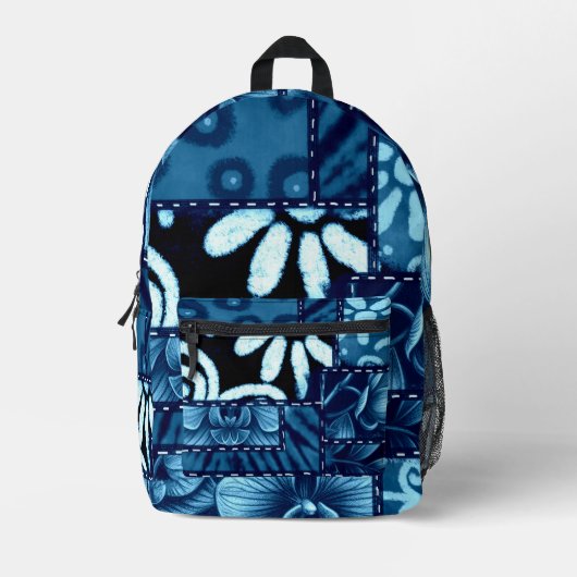 Crazy Quilt Blue Floral Gingham Pattern Abstract プリントバックパック (正面)