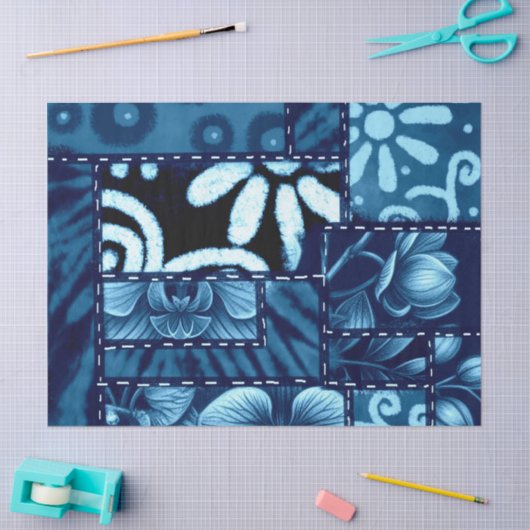 Crazy Quilt Blue Floral Pattern Decoupage 薄葉紙 (クラフト)
