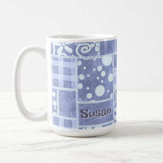 Crazy Quilt Blue Gingham Floral Personalized  コーヒーマグカップ (左)