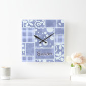 Crazy Quilt Blue Gingham Floral Personalized  スクエア壁時計 (ホーム)