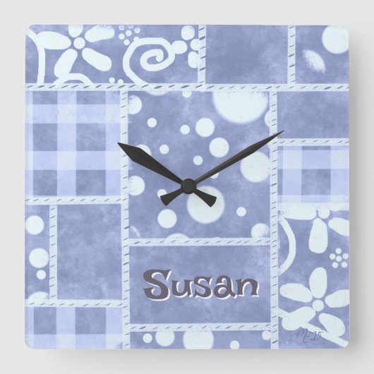 Crazy Quilt Blue Gingham Floral Personalized  スクエア壁時計 (正面)