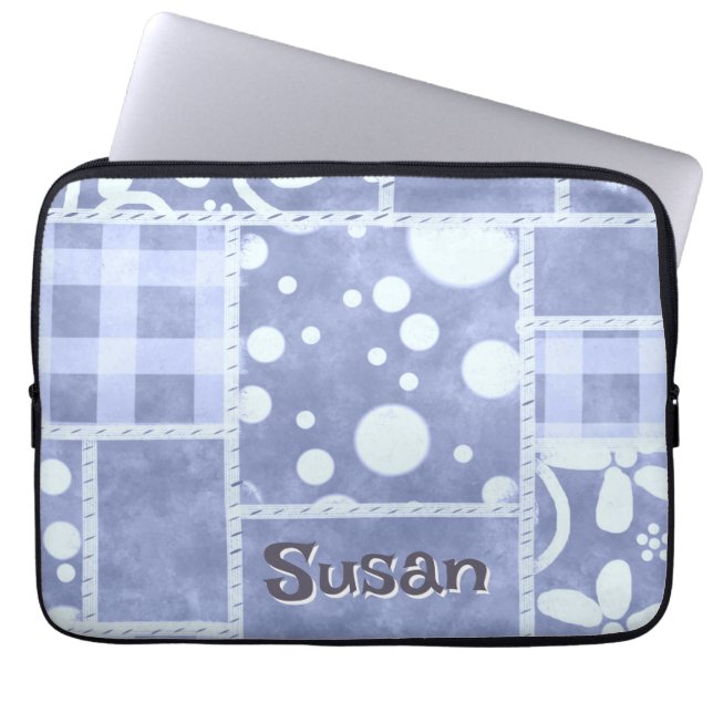 Crazy Quilt Blue Gingham Floral Personalized  ラップトップスリーブ (正面)