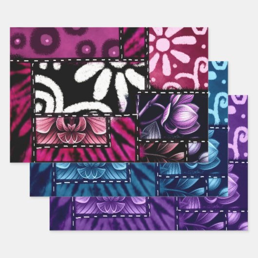 Crazy Quilt Multi-Color Floral Pattern Decoupage ラッピングペーパーシート (セット)