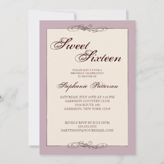 Cream & 薄紫のエレガンスSweet sixteenのスクリプト 招待状 (正面)