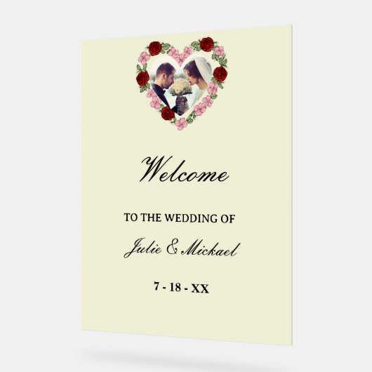 Cream Acrylic Wedding Welcome Sign - Floral Heart アクリルサイン (傾斜)