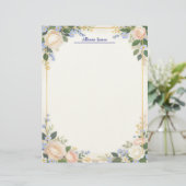 Cream and Blue Floral with Gold Frame Stationery レターヘッド (スタンド正面)