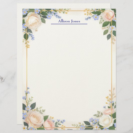 Cream and Blue Floral with Gold Frame Stationery レターヘッド (正面/裏面)