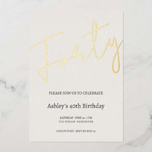 Cream and Gold 40th Birthday Celebration 箔招待状 (正面)