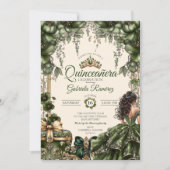 Cream and Green Golden Tiara Floral  Quinceañera 招待状 (正面)