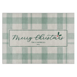 Cream and Green Plaid Merry Christmas Script カッティングボード