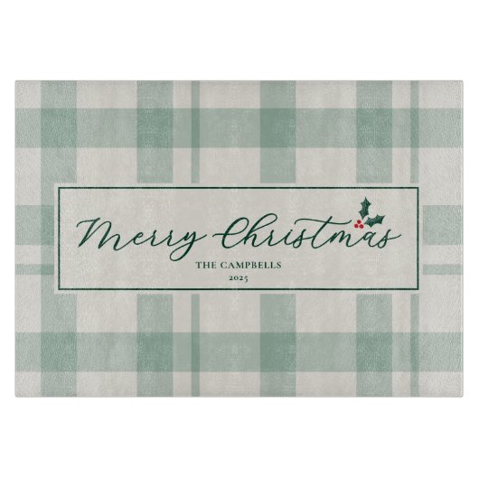 Cream and Green Plaid Merry Christmas Script カッティングボード (正面)