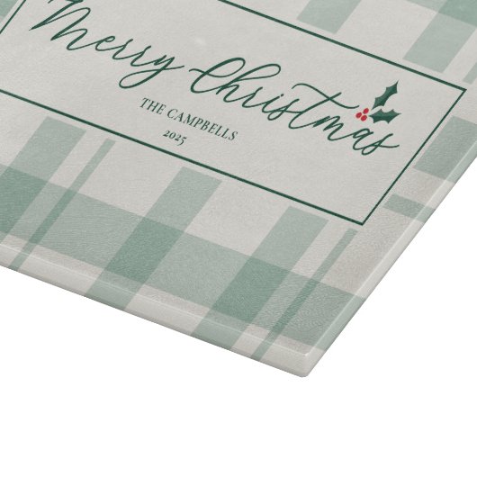 Cream and Green Plaid Merry Christmas Script カッティングボード (角)