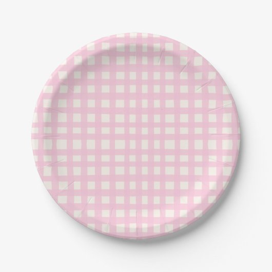 Cream and Pink Textured Imperfect Gingham Pattern ペーパープレート (正面)