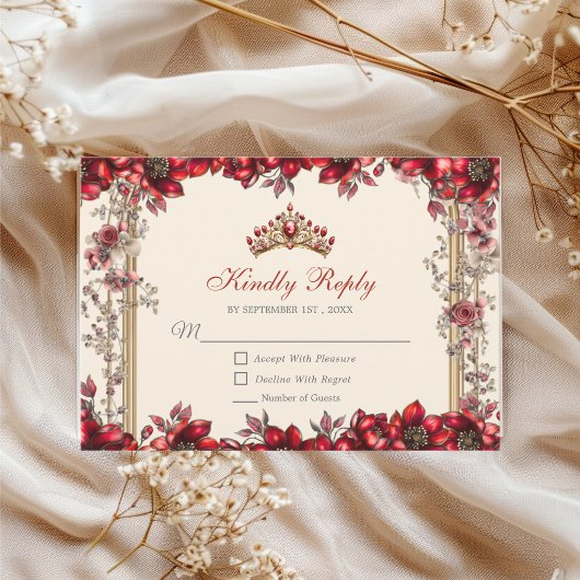 Cream and Red Golden Tiara Floral Quinceañera 出欠カード