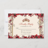 Cream and Red Golden Tiara Floral Quinceañera 出欠カード (正面)
