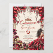 Cream and Red Golden Tiara Floral  Quinceañera 招待状 (正面)