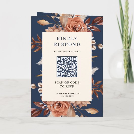Cream and Terracotta Floral QR Code Navy Wedding 招待状 (裏面)