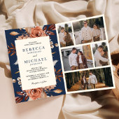 Cream and Terracotta Floral QR Code Navy Wedding 招待状