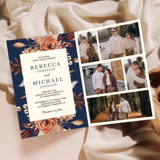 Cream and Terracotta Floral QR Code Navy Wedding 招待状