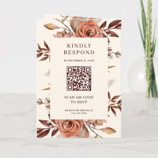 Cream and Terracotta Floral QR Code Wedding 招待状 (裏面)