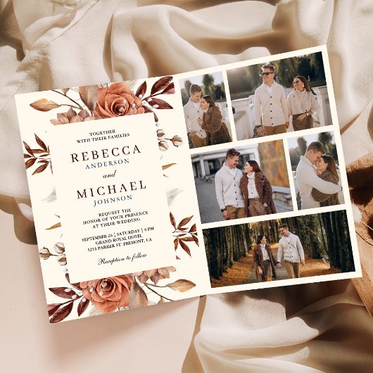 Cream and Terracotta Floral QR Code Wedding 招待状