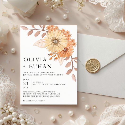 Cream Apricot Floral Wedding Invitation, W004 招待状