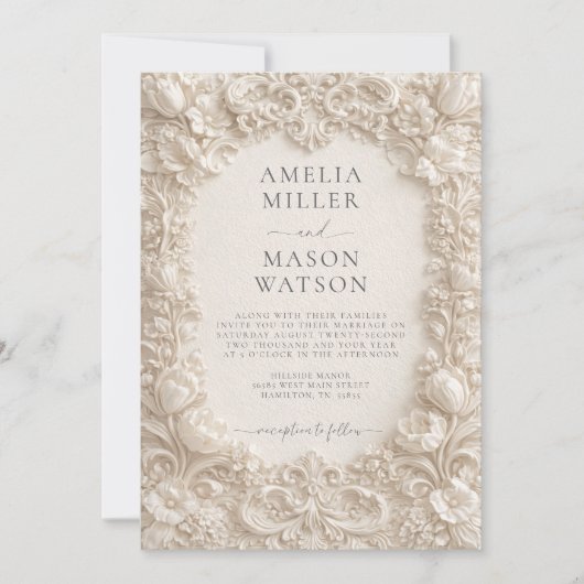 Cream Baroque Floral Ornate Wedding Invitation 招待状 (正面)
