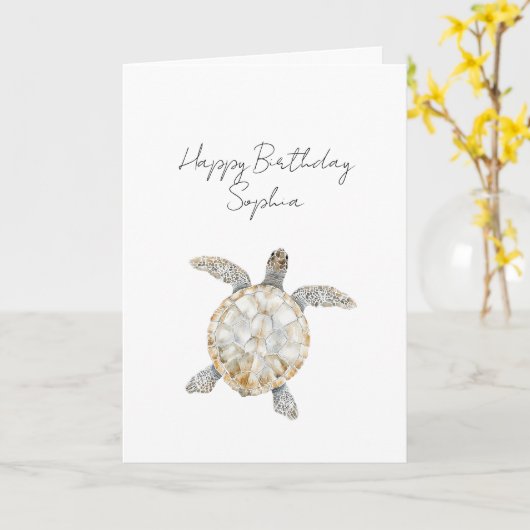 Cream Beach Sea Turtles Birthday カード (黄色い花)