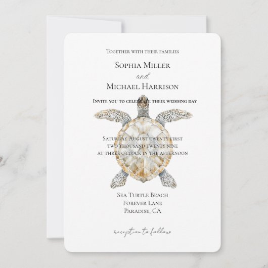 Cream Beach Sea Turtles Wedding 招待状 (正面)